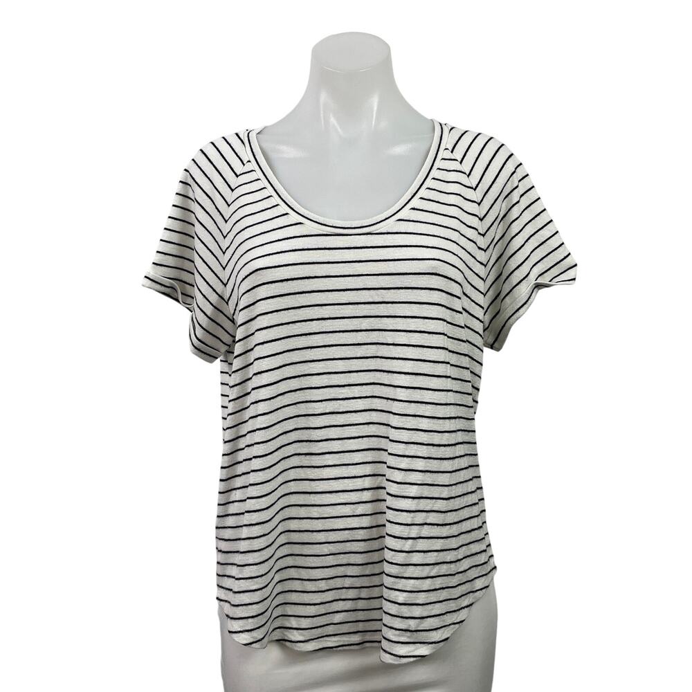 Ann Taylor LOFT Women's White Sriped Scoop Neck Short Sleeve Tee T-Shirt Top M